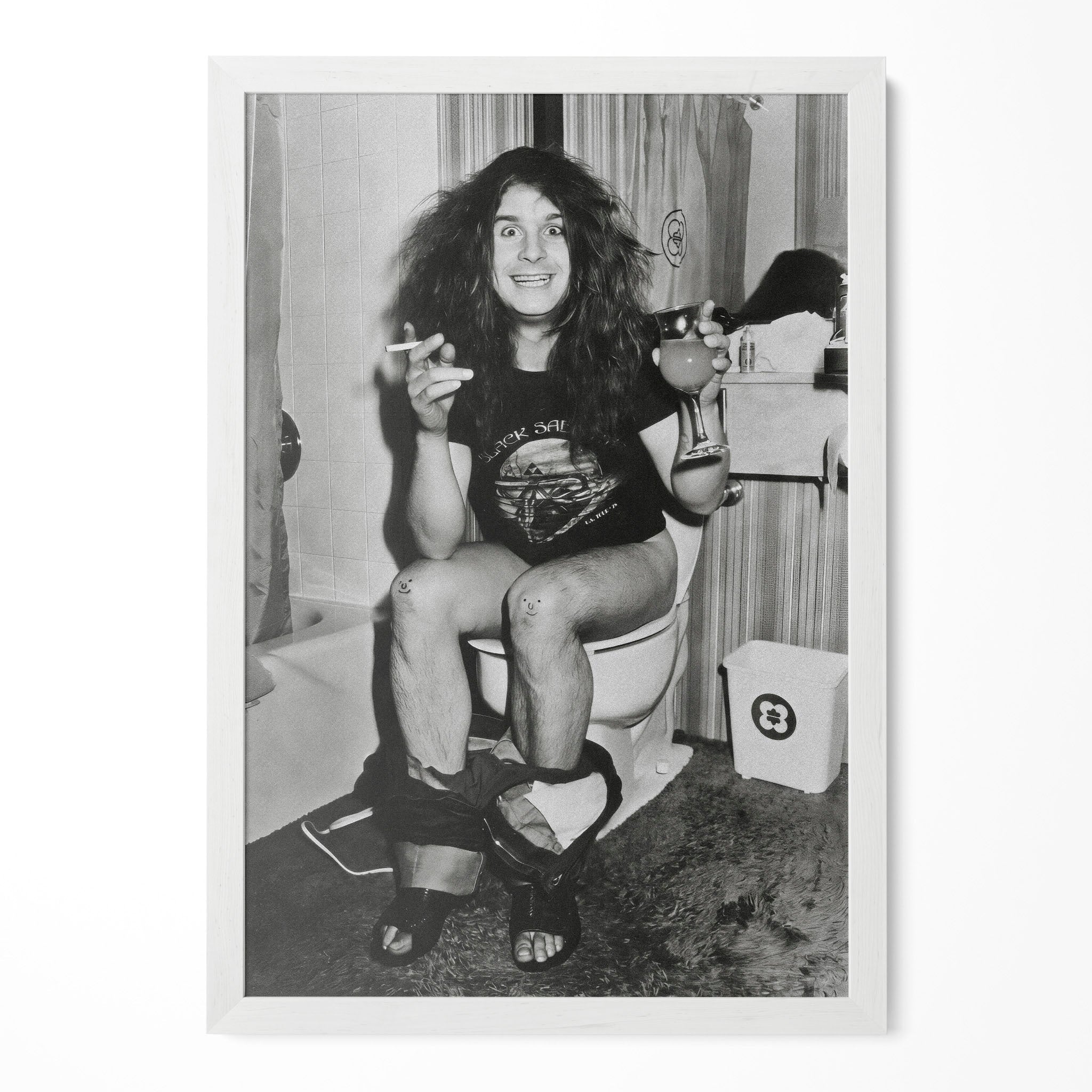 Ozzy Osbourne 1978 bathroom black and white portrait in a classic white poster frame