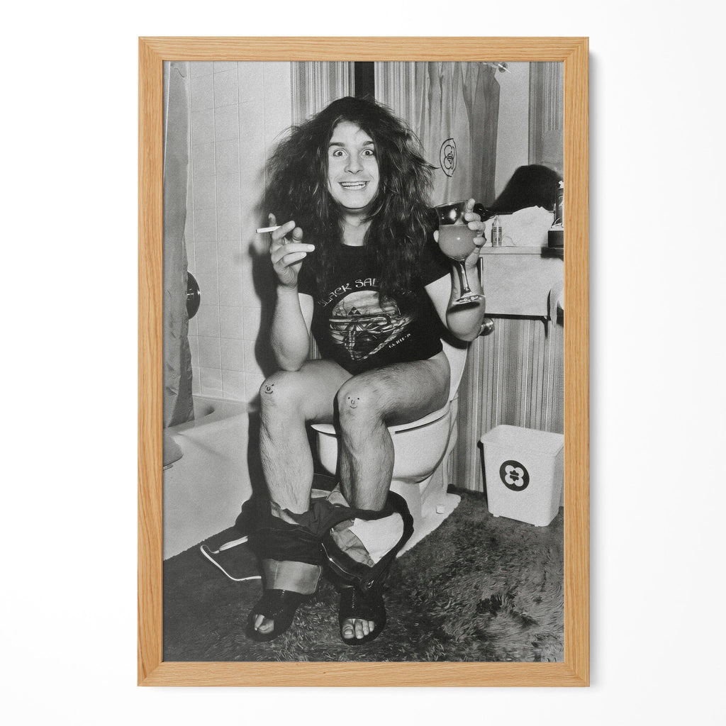 Ozzy Osbourne bathroom black and white portrait in a natural oak poster frame