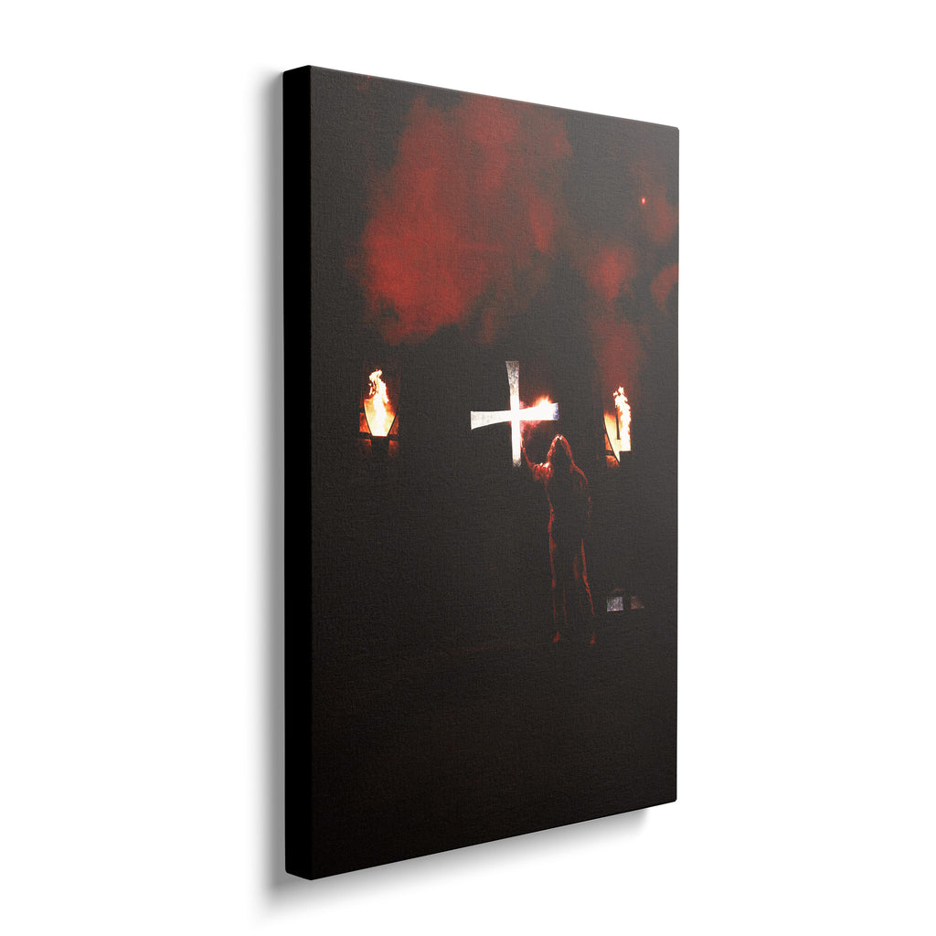 Gallery-wrapped color canvas of Ozzy Osbourne raising a cross through red smoke
