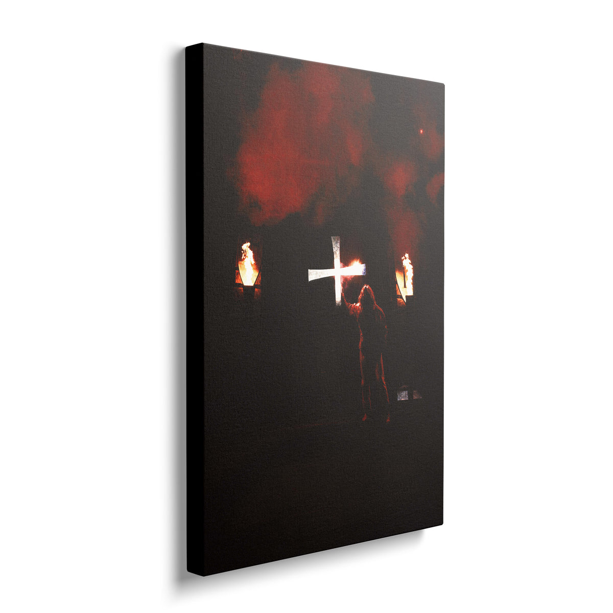 Gallery-wrapped color canvas of Ozzy Osbourne raising a cross through red smoke