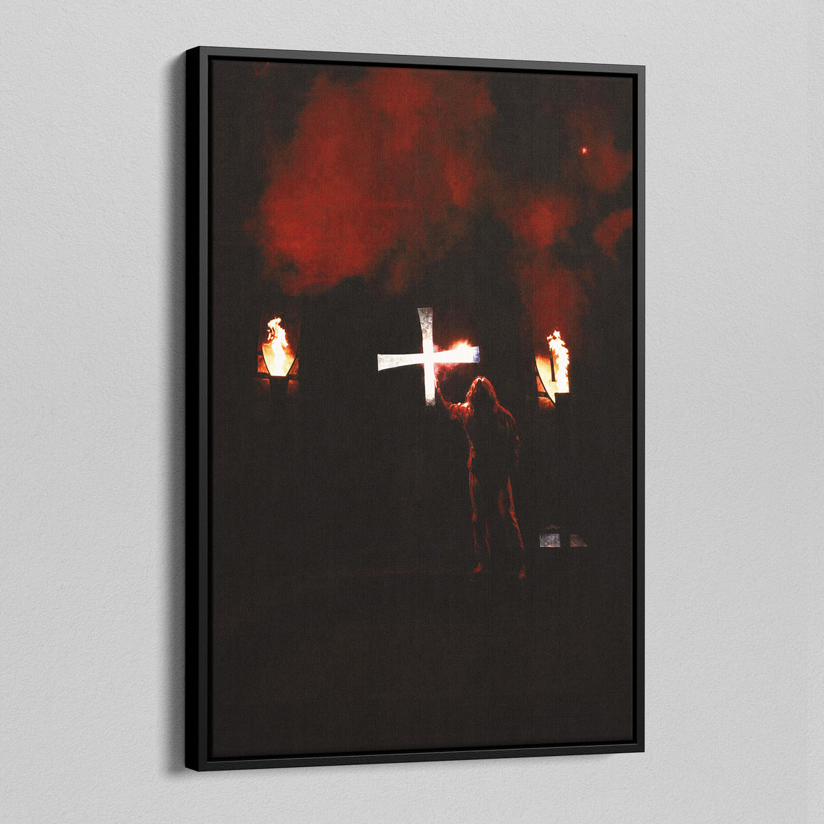 Angled view of the Ozzy Osbourne color canvas in a black floating frame