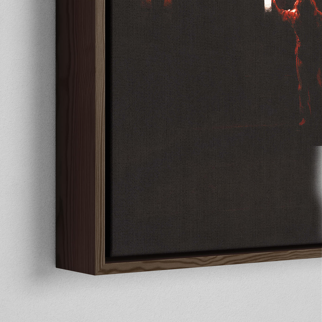 Close-up of the dark walnut floating frame on the Ozzy Osbourne color canvas