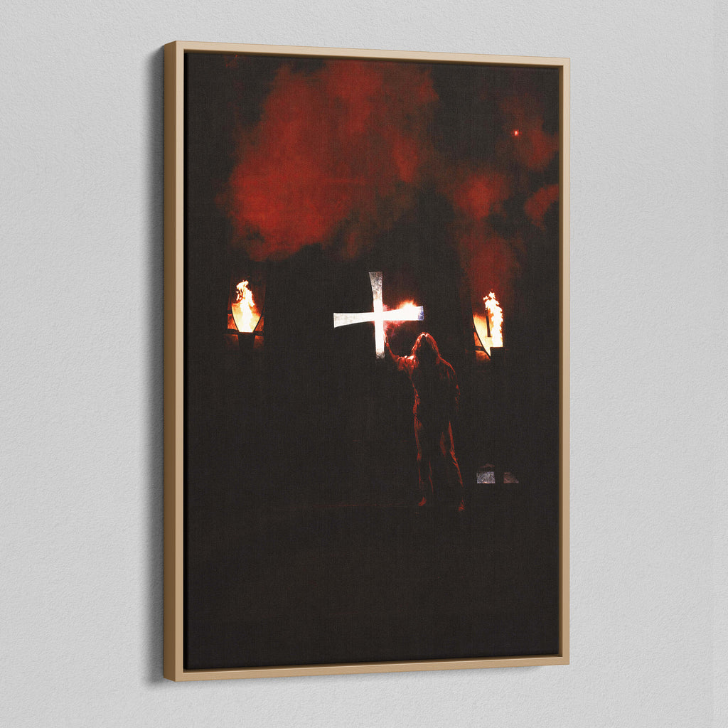 Angled view of the Ozzy Osbourne color canvas in a natural oak floating frame