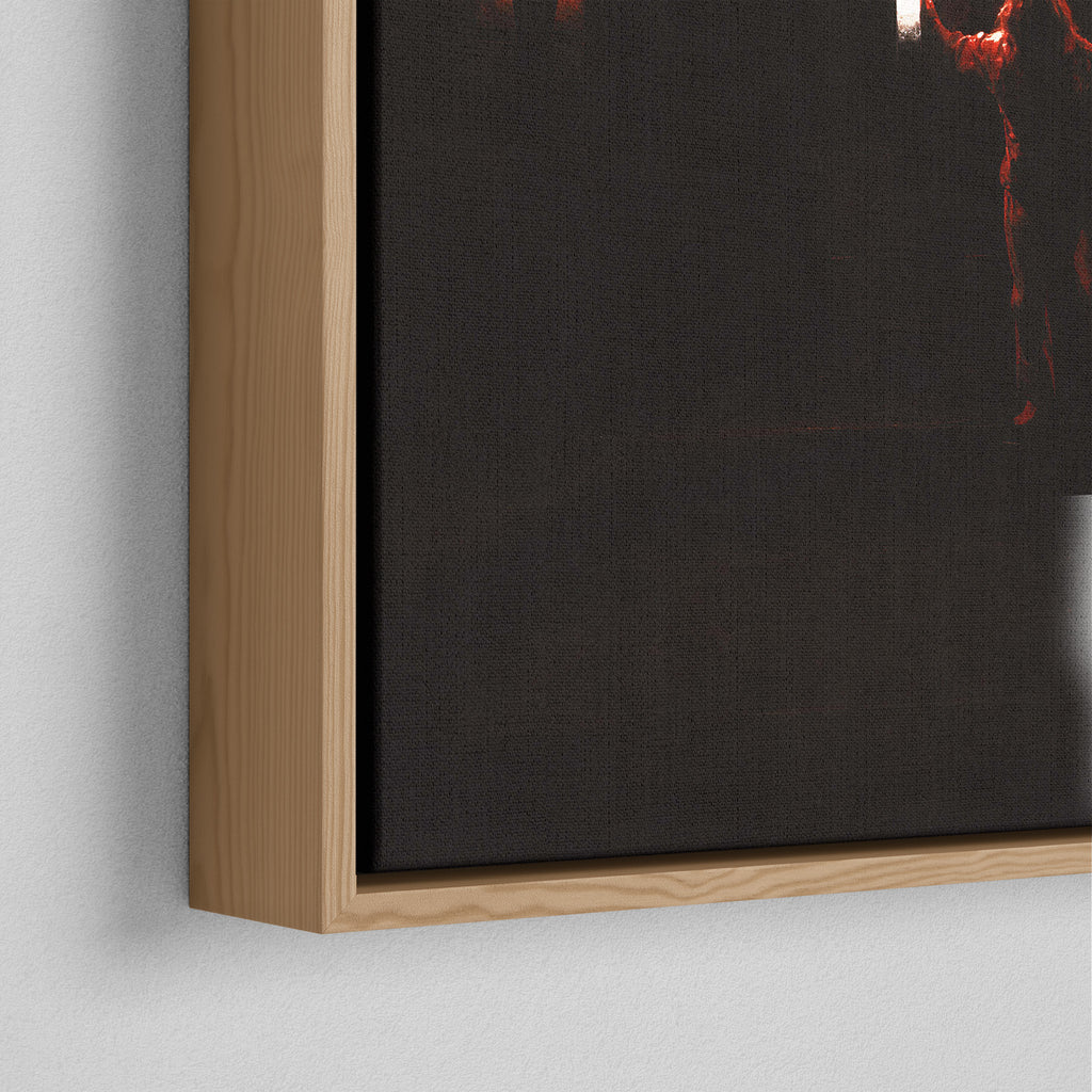 Corner close-up of the natural oak floating frame on the Ozzy Osbourne color canvas