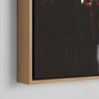 Corner close-up of the natural oak floating frame on the Ozzy Osbourne color canvas