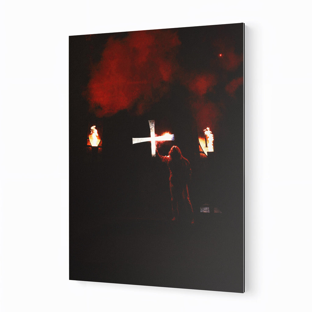 Ozzy Osbourne raised cross color metal print displayed on a wall