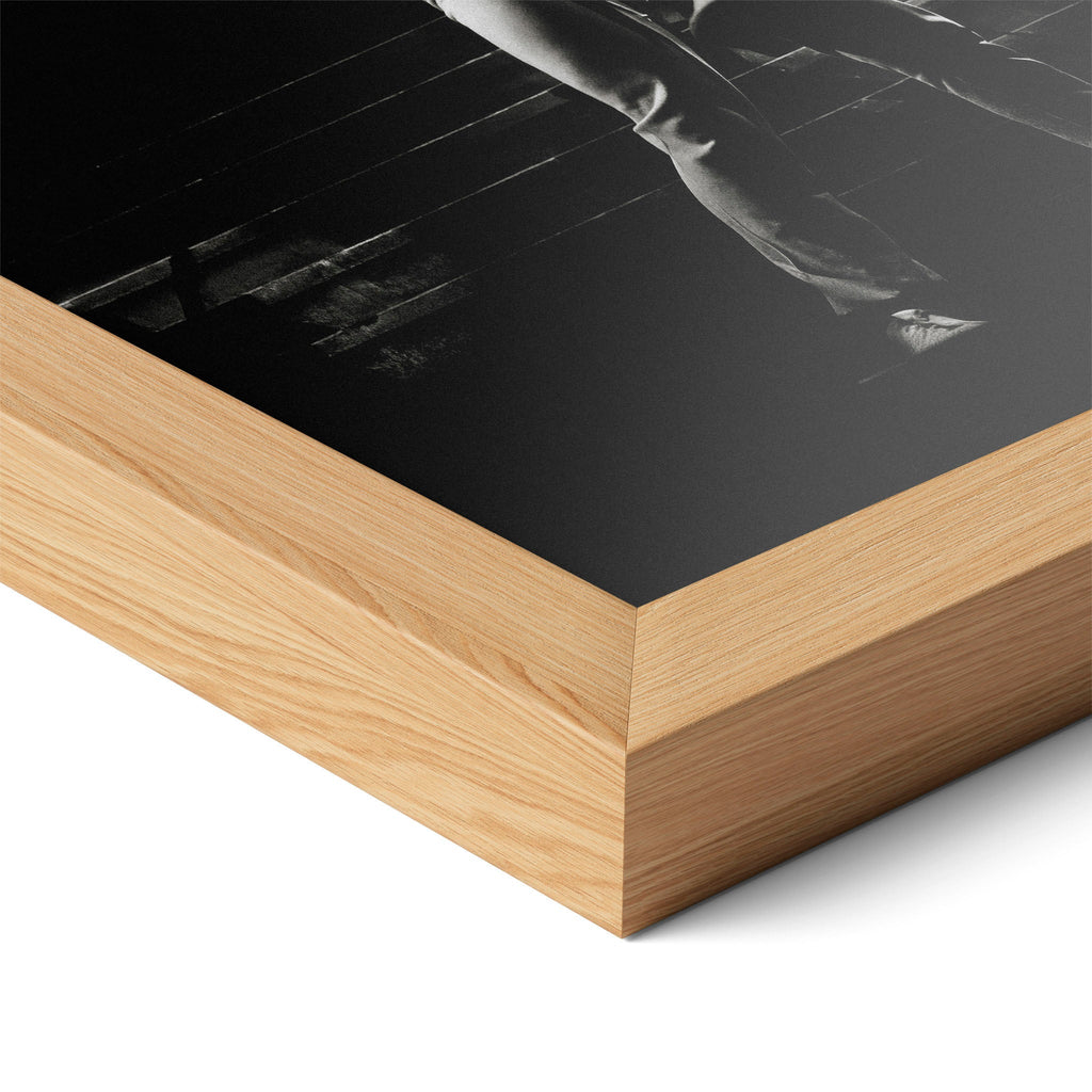 Close-up of the natural oak frame on the Ozzy and Randy Rhoads black and white poster