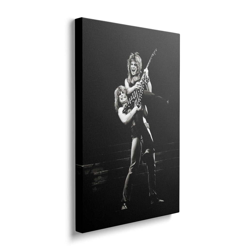 Gallery-wrapped black and white canvas of Ozzy lifting Randy Rhoads on stage