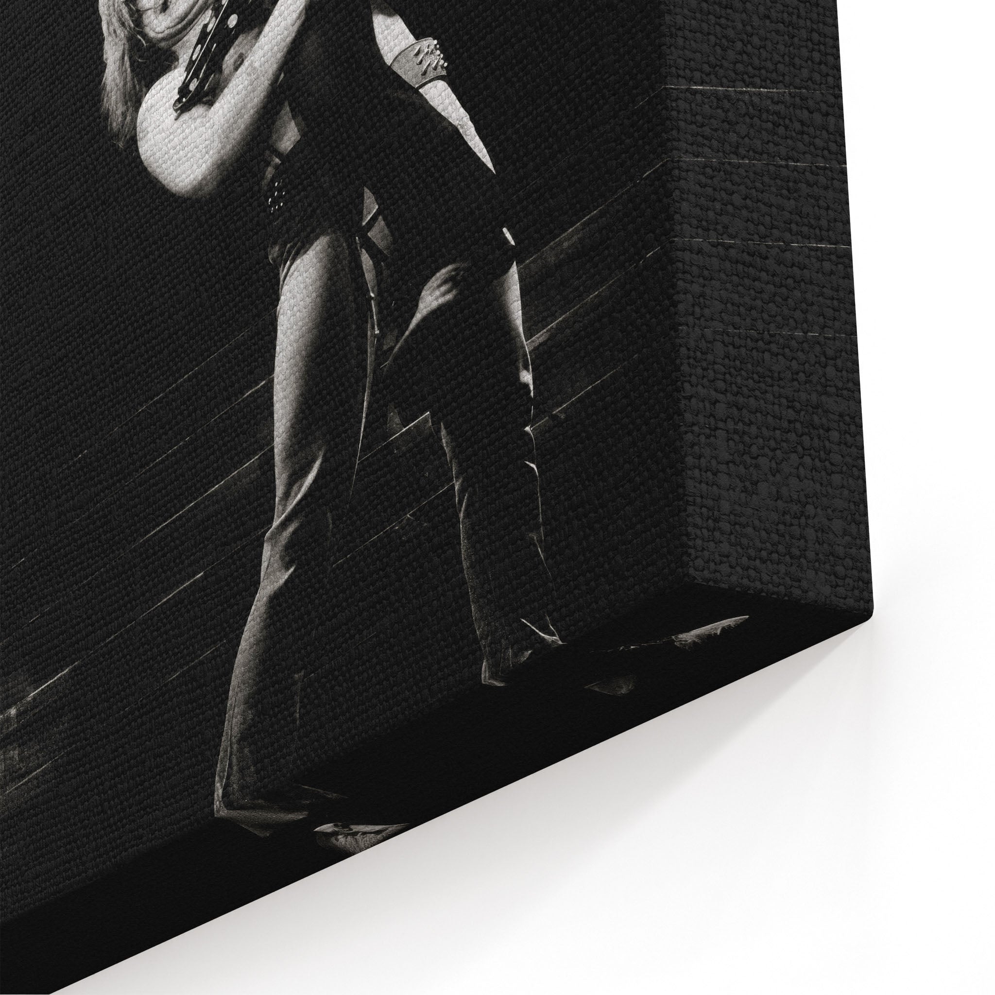 Close-up of the gallery-wrapped canvas edge on the Ozzy and Randy Rhoads black and white print