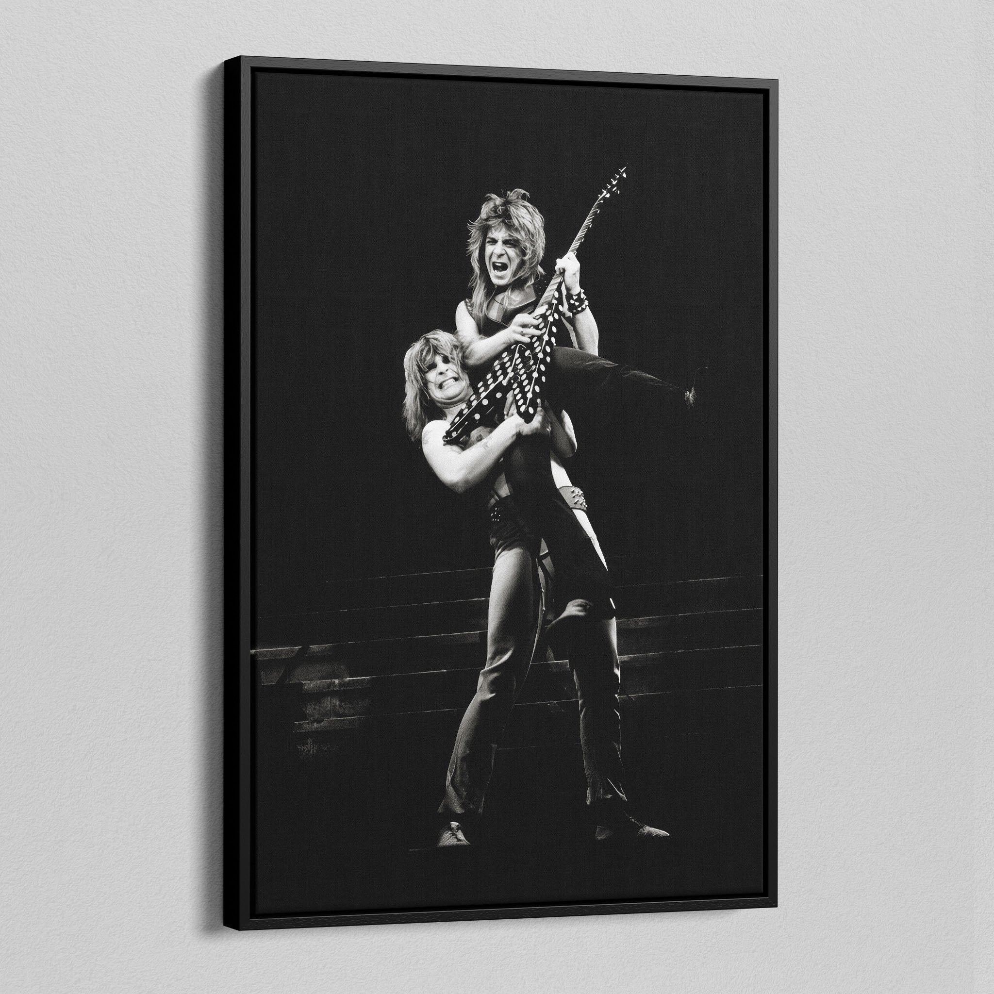Angled view of the Ozzy and Randy Rhoads black and white canvas in a black floating frame