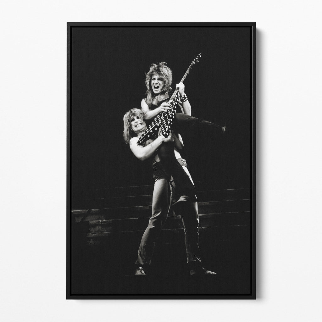 Front display of the Ozzy and Randy Rhoads black and white canvas in a black floating frame