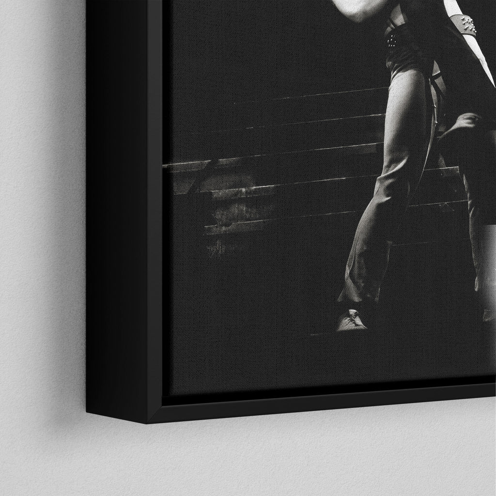 Corner close-up of the black floating frame on the Ozzy and Randy Rhoads black and white canvas