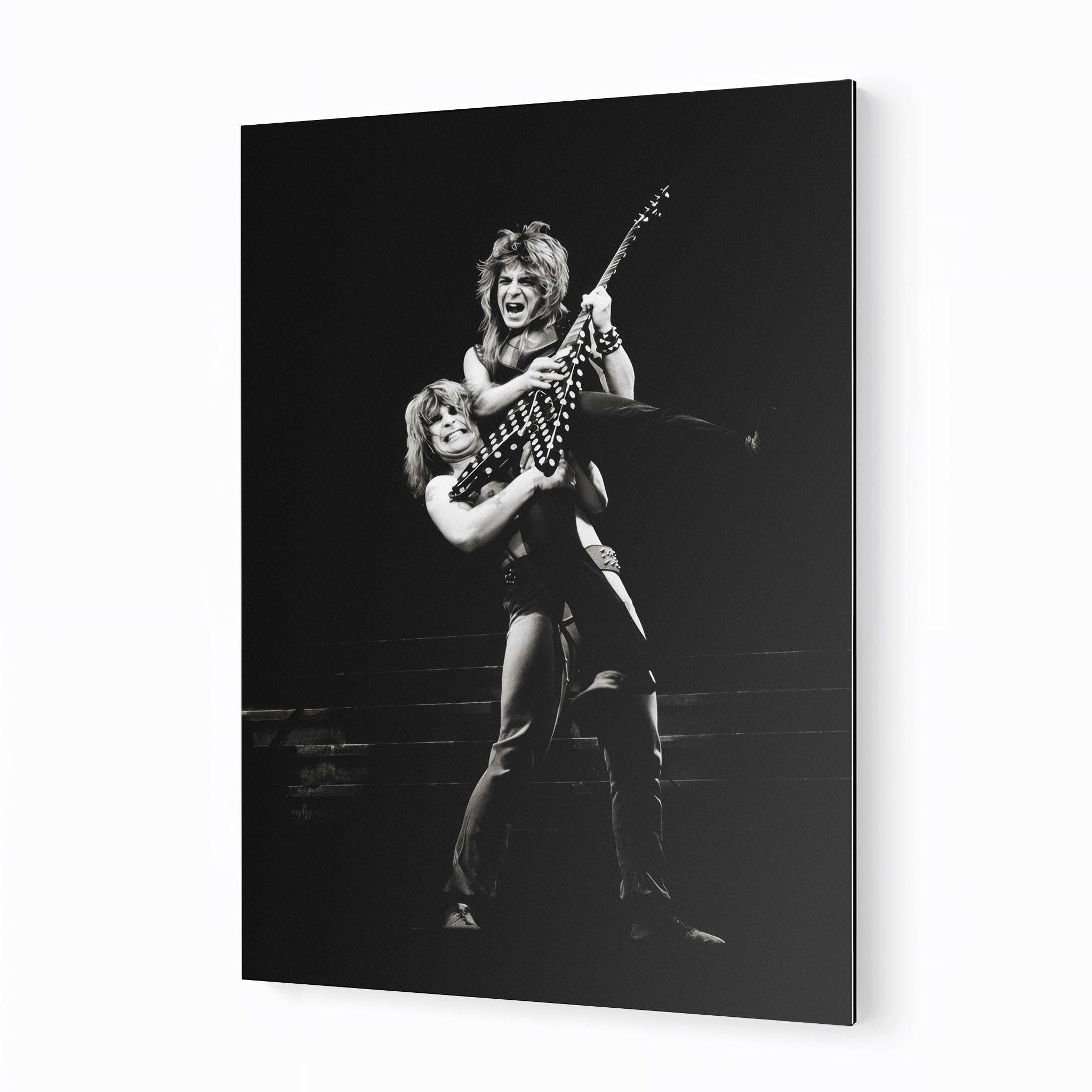 Ozzy Osbourne and Randy Rhoads 1982 black and white metal print displayed on a wall