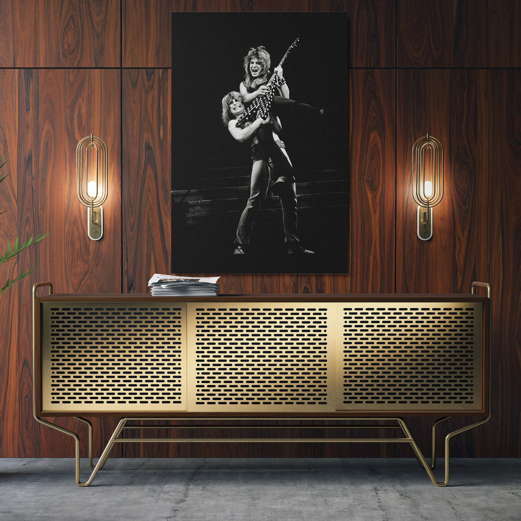 Sleek aluminum black and white metal print of Ozzy lifting Randy Rhoads
