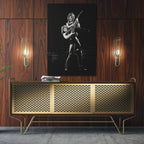 Sleek aluminum black and white metal print of Ozzy lifting Randy Rhoads