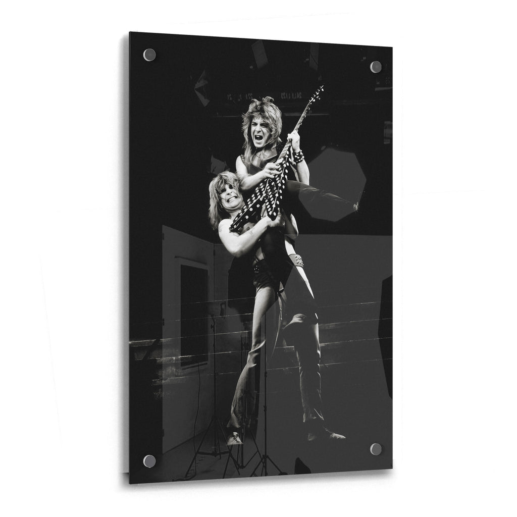 Ozzy Osbourne and Randy Rhoads 1982 black and white acrylic glass print with a glossy finish