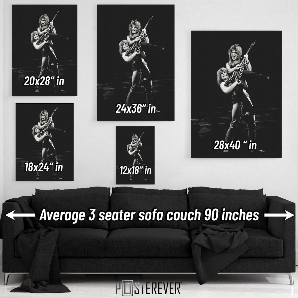Ozzy Osbourne and Randy Rhoads wall art size comparison chart shown above a sofa