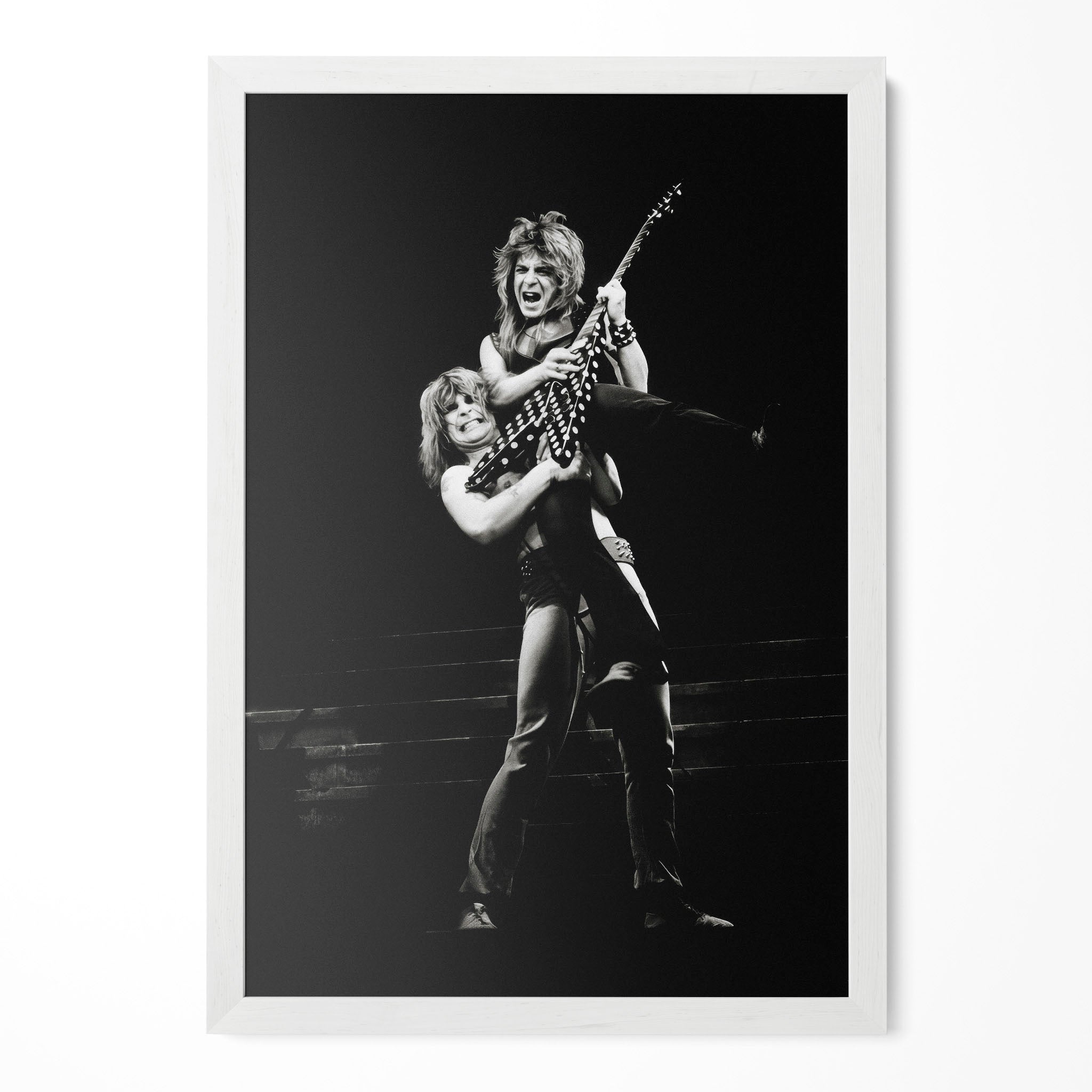 Ozzy Osbourne and Randy Rhoads 1982 black and white portrait in a classic white poster frame