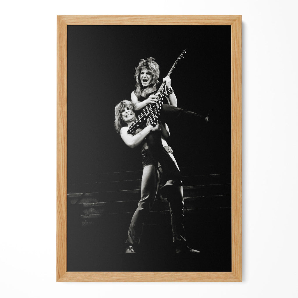 Ozzy and Randy Rhoads black and white portrait in a natural oak poster frame