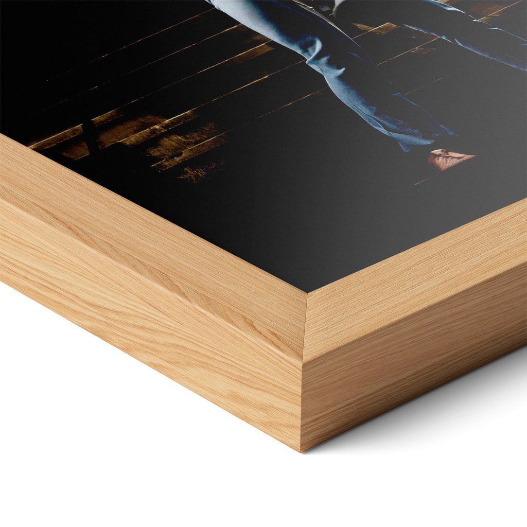 Close-up of the natural oak frame on the Ozzy and Randy Rhoads colour poster