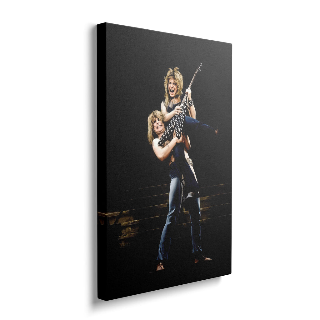 Gallery-wrapped colour canvas of Ozzy lifting Randy Rhoads on stage
