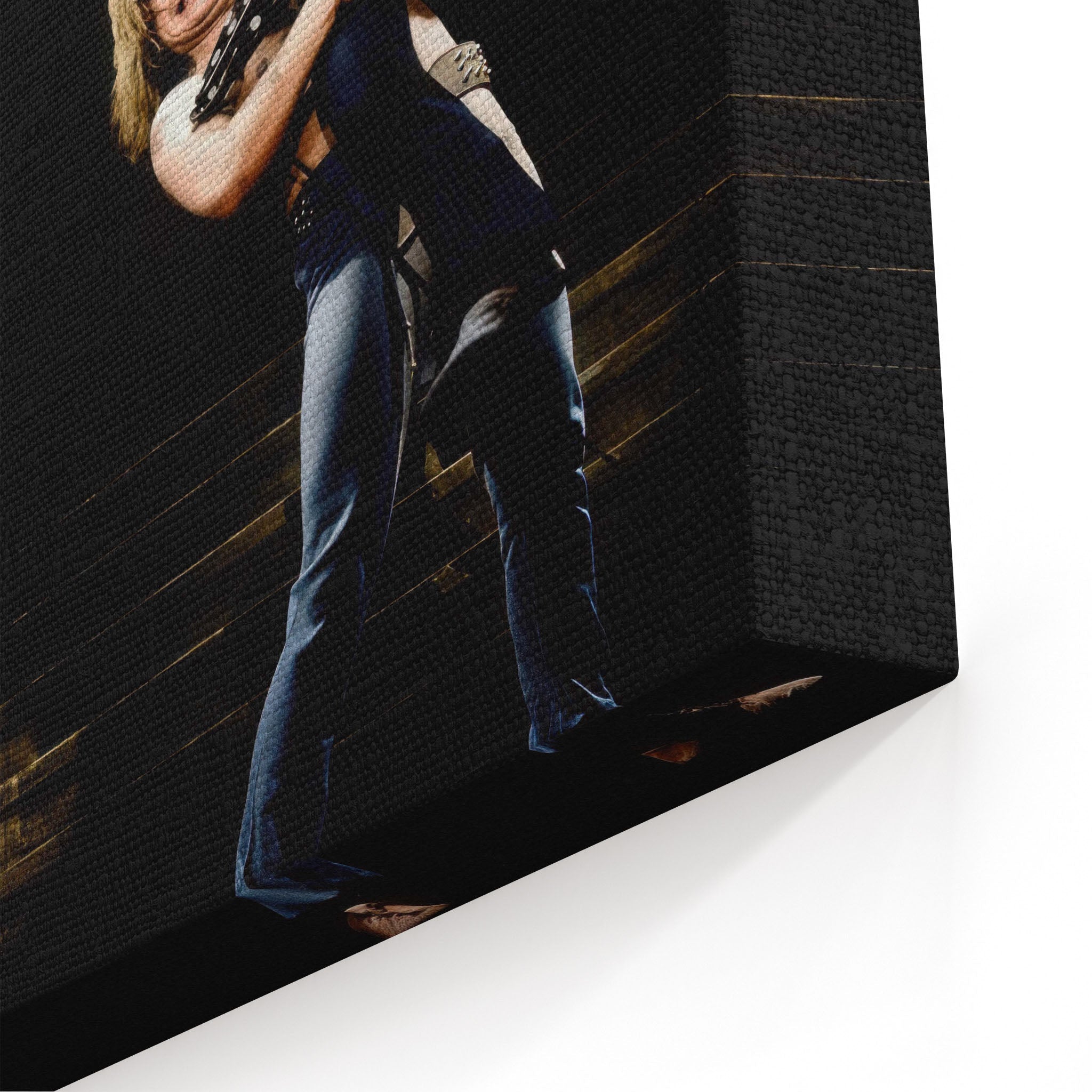 Close-up of the gallery-wrapped canvas edge on the Ozzy and Randy Rhoads colour print