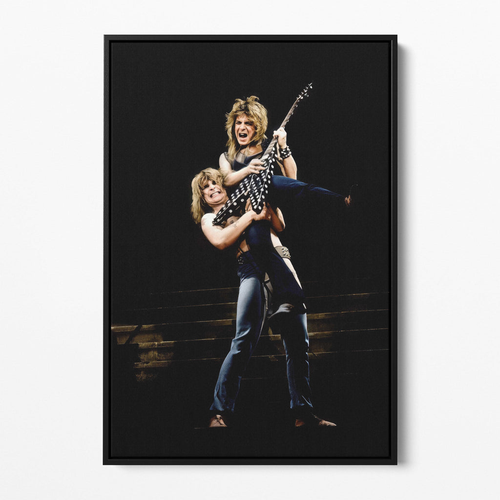 Front display of the Ozzy and Randy Rhoads colour canvas in a black floating frame