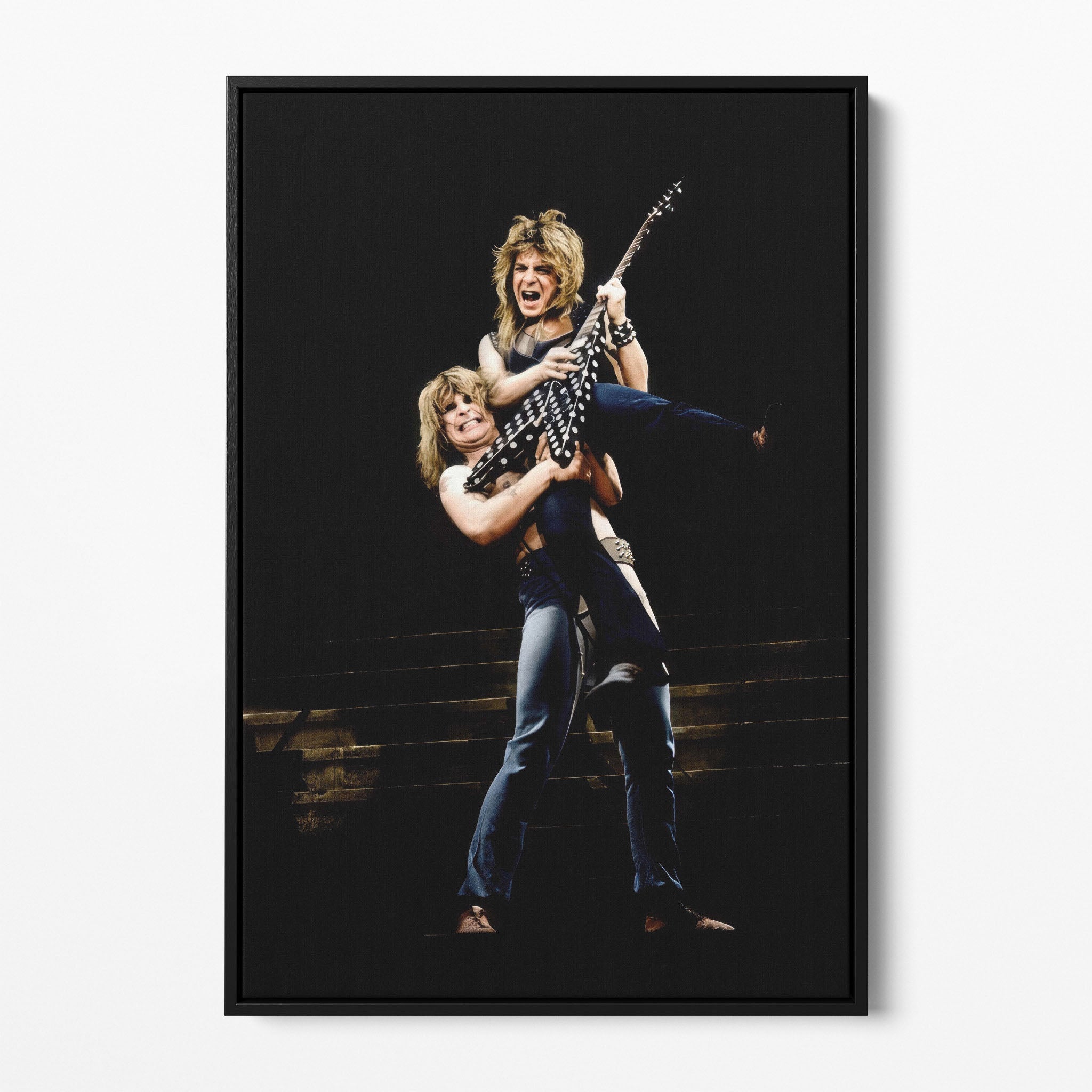 Front display of the Ozzy and Randy Rhoads colour canvas in a black floating frame