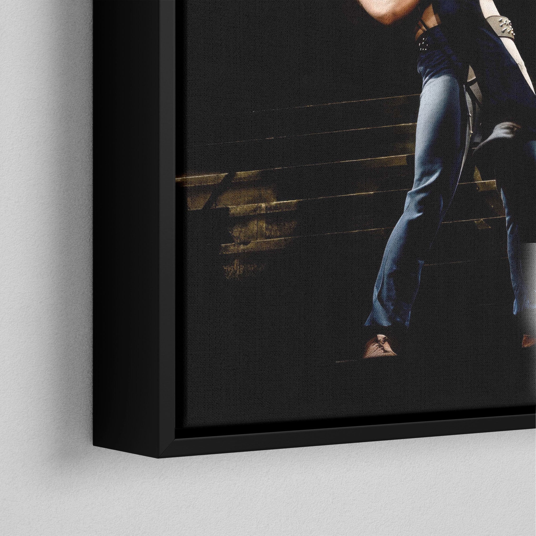 Corner close-up of the black floating frame on the Ozzy and Randy Rhoads colour canvas