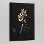 Angled view of the Ozzy and Randy Rhoads colour canvas in a dark walnut floating frame