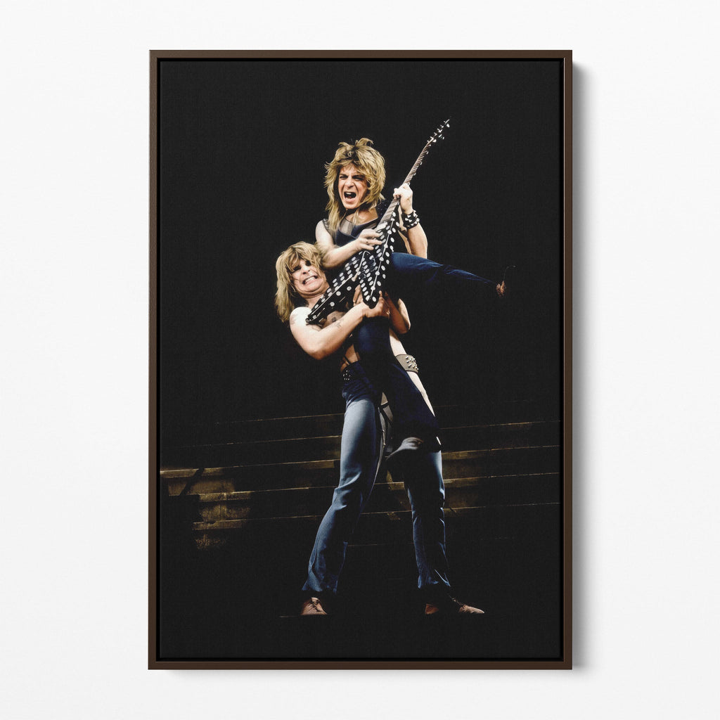 Front display of the Ozzy and Randy Rhoads colour canvas in a dark walnut floating frame