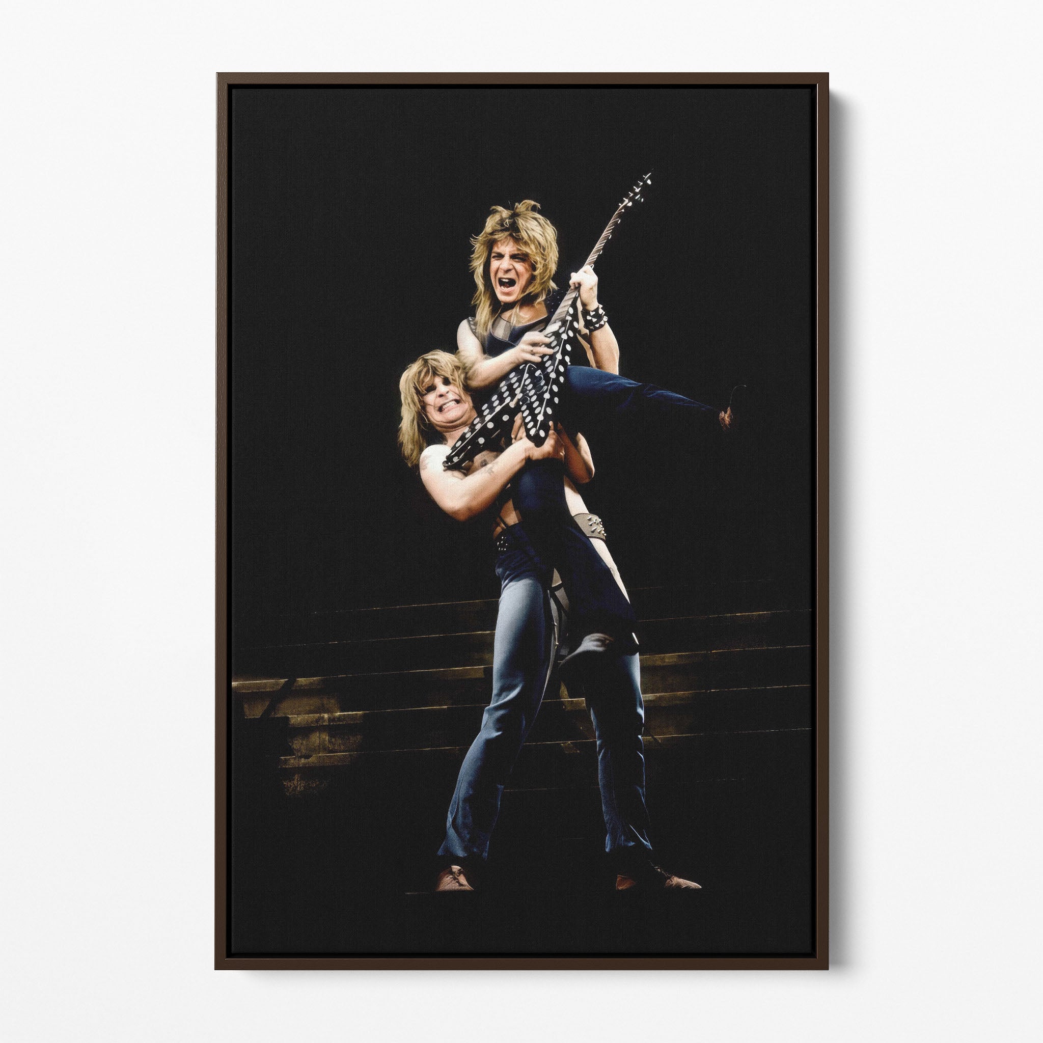 Front display of the Ozzy and Randy Rhoads colour canvas in a dark walnut floating frame