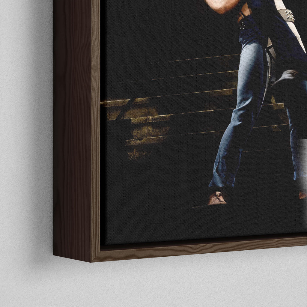 Close-up of the dark walnut floating frame on the Ozzy and Randy Rhoads colour canvas