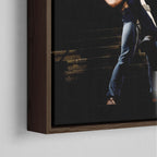 Close-up of the dark walnut floating frame on the Ozzy and Randy Rhoads colour canvas