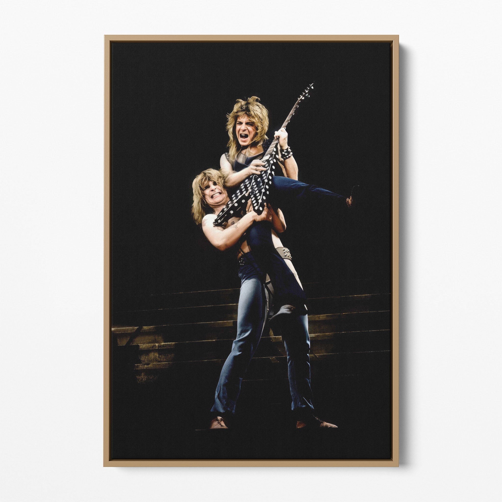 Front display of the Ozzy and Randy Rhoads colour canvas in a natural oak floating frame