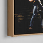 Corner close-up of the natural oak floating frame on the Ozzy and Randy Rhoads colour canvas