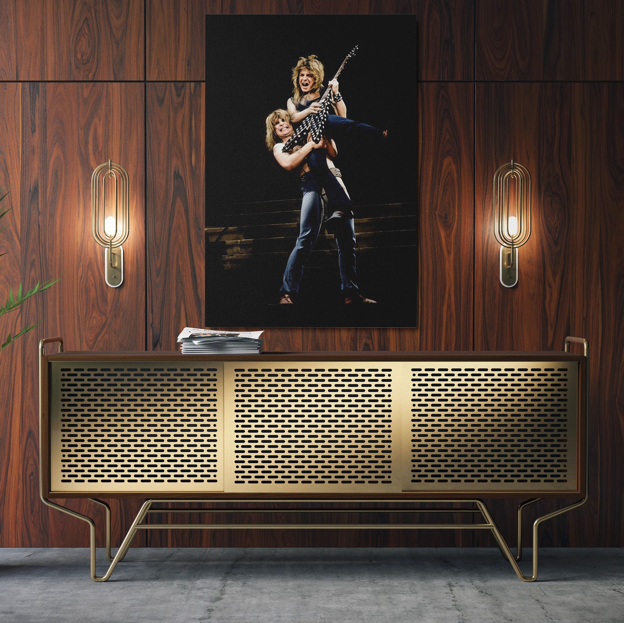 Sleek aluminum colour metal print of Ozzy lifting Randy Rhoads