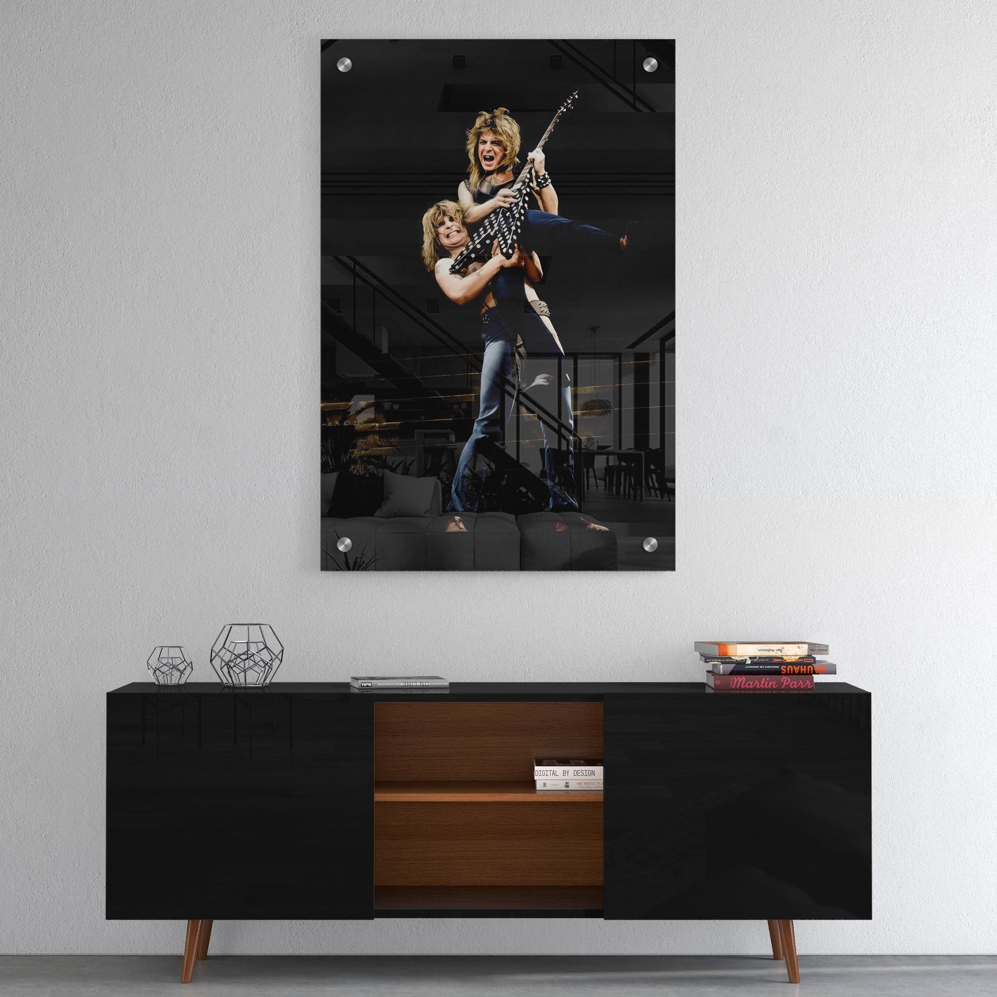 High-gloss acrylic colour print of Ozzy and Randy Rhoads displayed on a wall