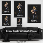 Ozzy Osbourne and Randy Rhoads wall art size comparison chart shown above a sofa