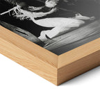 Close-up of the natural oak frame on the Ozzy and Randy Rhoads black and white poster