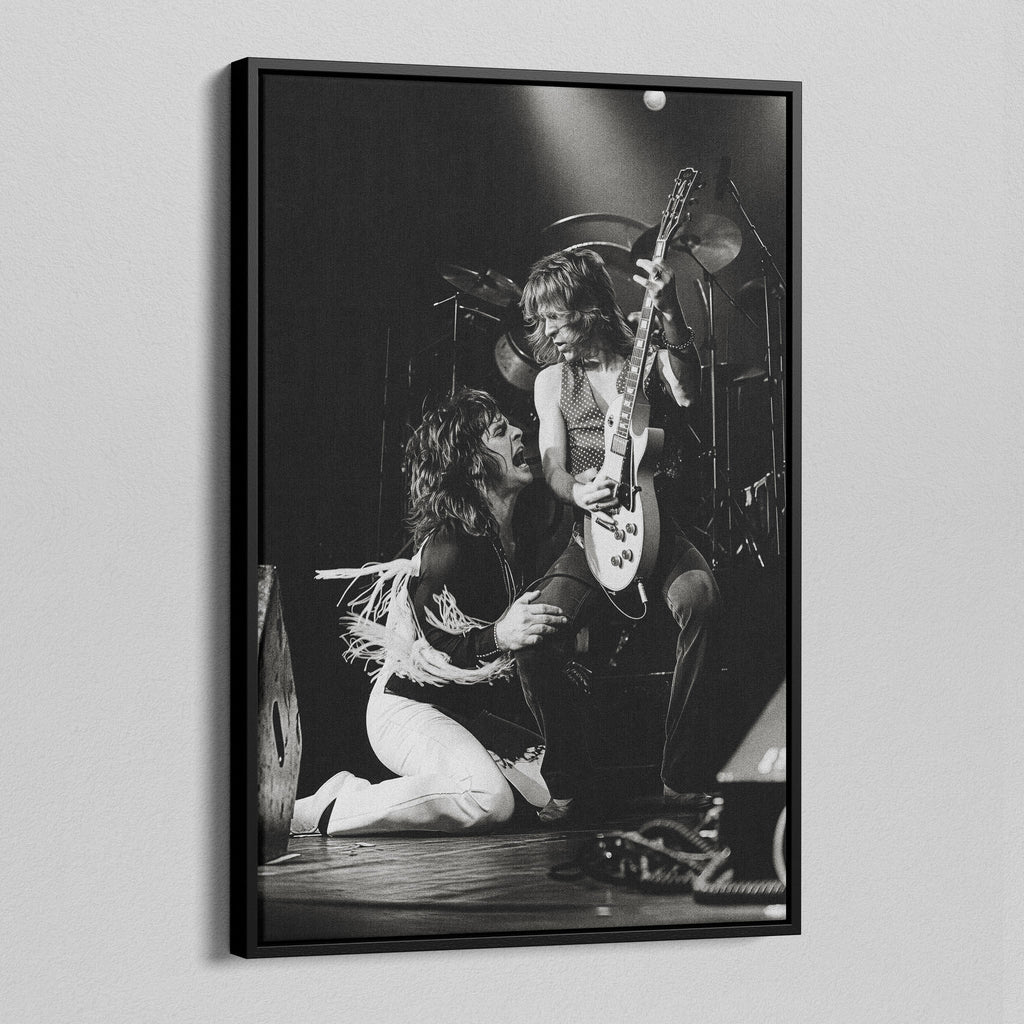 Angled view of the Ozzy and Randy Rhoads black and white canvas in a black floating frame