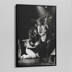 Angled view of the Ozzy and Randy Rhoads black and white canvas in a black floating frame