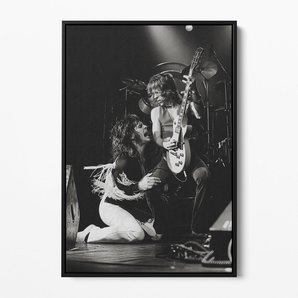 Front display of the Ozzy and Randy Rhoads black and white canvas in a black floating frame