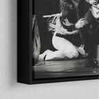 Corner close-up of the black floating frame on the Ozzy and Randy Rhoads black and white canvas