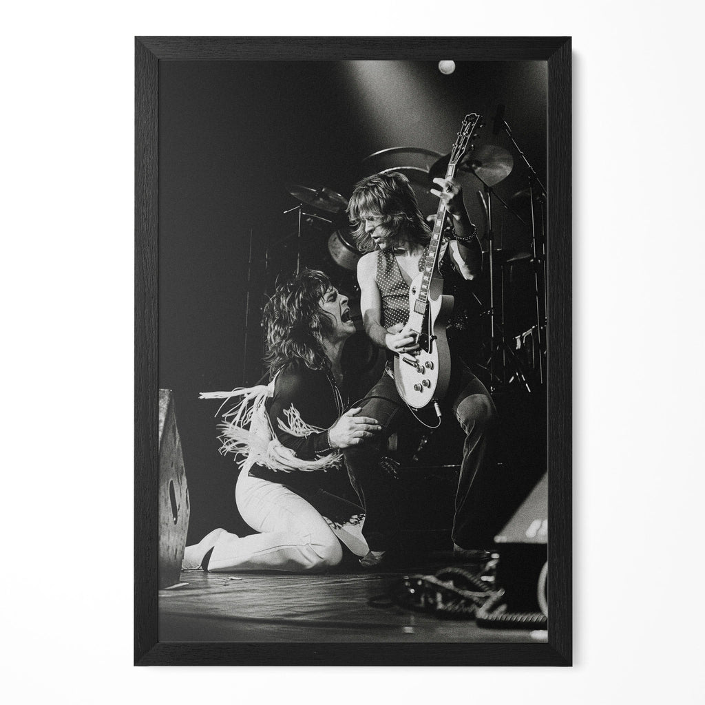 Ozzy Osbourne and Randy Rhoads at Bradford St George's Hall 1980, black and white portrait in a classic black poster frame