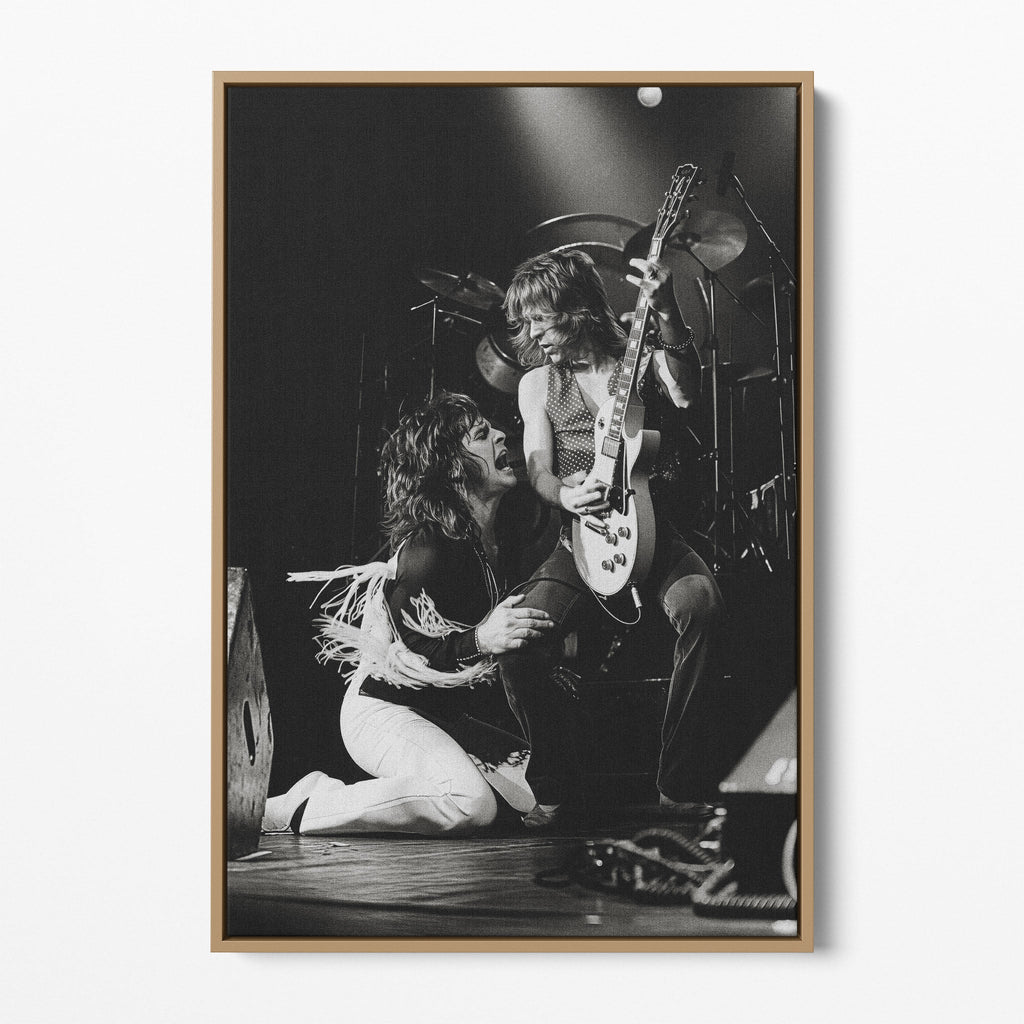 Front display of the Ozzy and Randy Rhoads black and white canvas in a natural oak floating frame