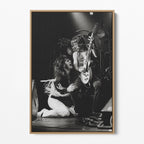 Front display of the Ozzy and Randy Rhoads black and white canvas in a natural oak floating frame