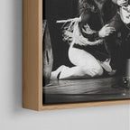 Corner close-up of the natural oak floating frame on the Ozzy and Randy Rhoads black and white canvas