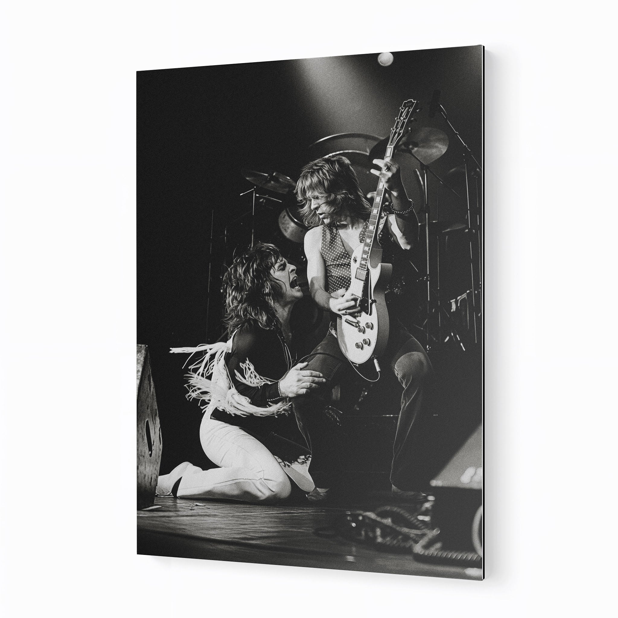 Ozzy Osbourne and Randy Rhoads 1980 Bradford black and white metal print displayed on a wall