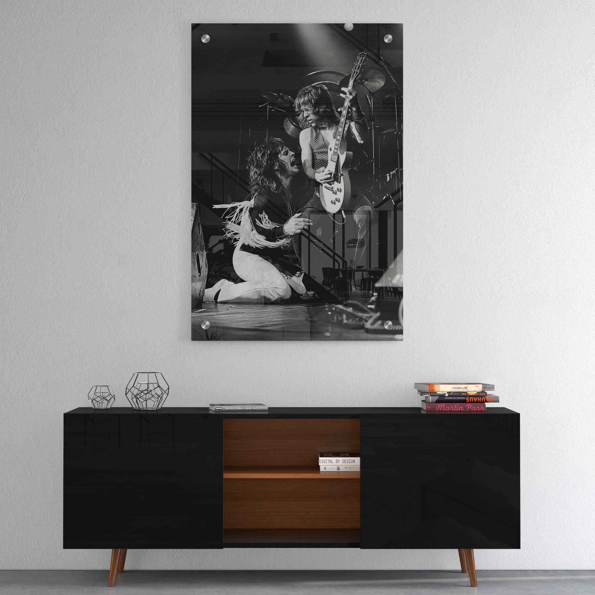 High-gloss acrylic black and white print of Ozzy and Randy Rhoads displayed on a wall